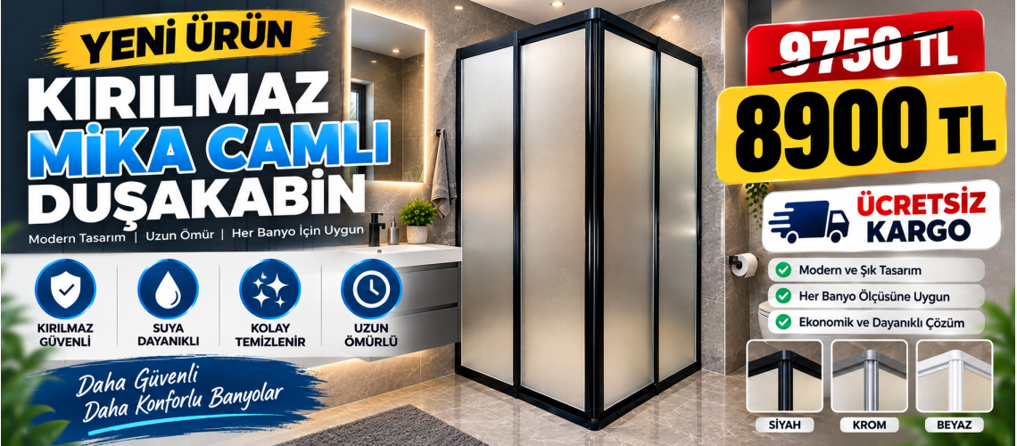 Kırılmaz Mika Cam Duşakabin Kare